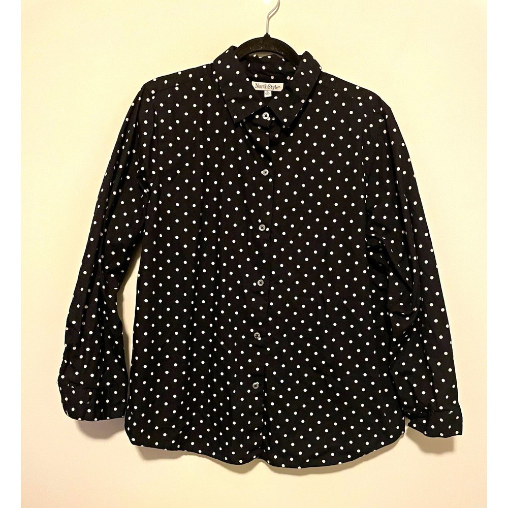 NorthStyle Blouse Womens XL Black White Polka Dot Button Front Career Cotton